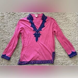 PINK PINEAPPLE pink blue long sleeve v-neck shirt Top Xs extra Small